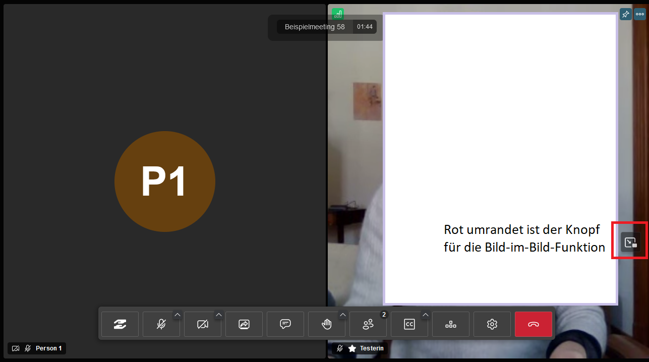 Screenshot einer Meeting-Ansicht. Die rechte der zwei Video-Kacheln enthält den Bild-im-Bild-Knopf, in der unteren rechten Bildhälfte. Der Knopf ist ist rot umrandet, daneben die Beschreibung "Rot umrandet ist der Knopf für die Bild-im-Bild-Funktion".
