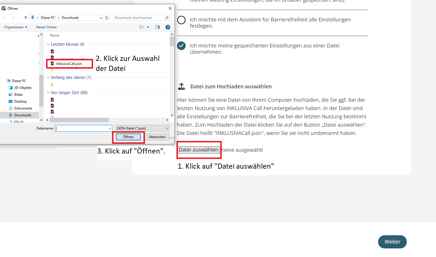Bildschirmfoto des unteren Teils der Seite zum Einstieg in ein Meeting. Der Dialog, wenn man eine Datei mit Einstellungen zur Barrierefreiheit hochlädt, wird gezeigt. 1. Klick auf Datei auswählen in der Anwendung. 2. Auswahl der Datei im Datei-Explorer des Computers. 3. Klick auf die Schaltfläche "Öffnen" im Datei-Explorer des Computers.